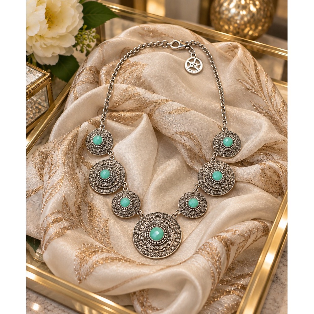 Trifari Silver Tone Turquoise Color Rhinestone Medallion Statement Necklace